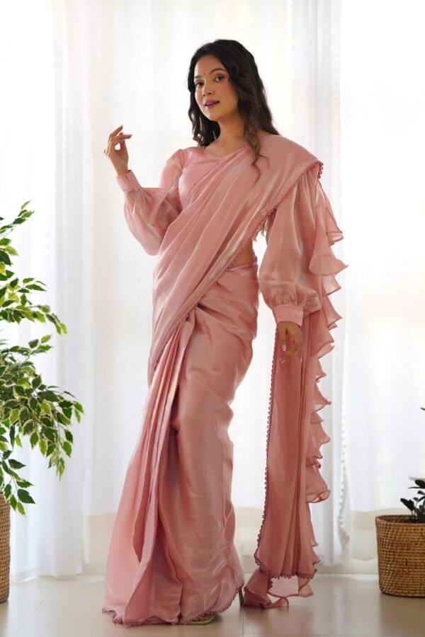 IMG_3277.jpg Elegant Pink Jimmy Organza Fabric Ready-to-Wear Saree with Stitched Blouse