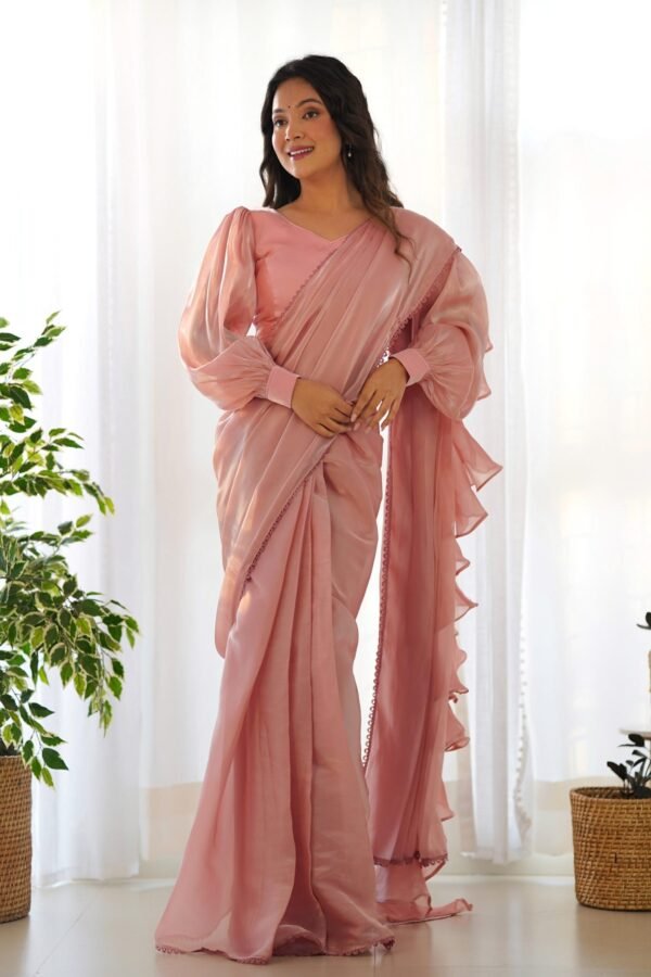 IMG_3279.jpg Elegant Pink Jimmy Organza Fabric Ready-to-Wear Saree with Stitched Blouse
