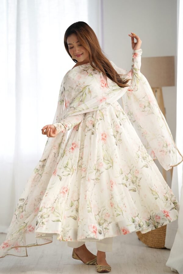 White Flower Print Organza Silk Anarkali Suit Set