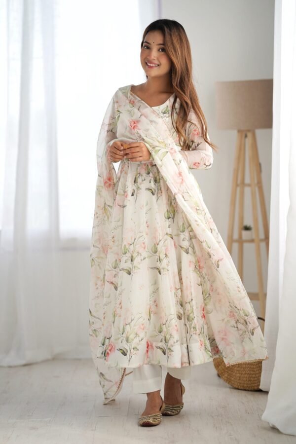 White Flower Print Organza Silk Anarkali Suit Set