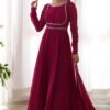 Upgrade Your Wardrobe with the Exquisite Wine Color Designer Yoke Neck Gown with Dupatta
