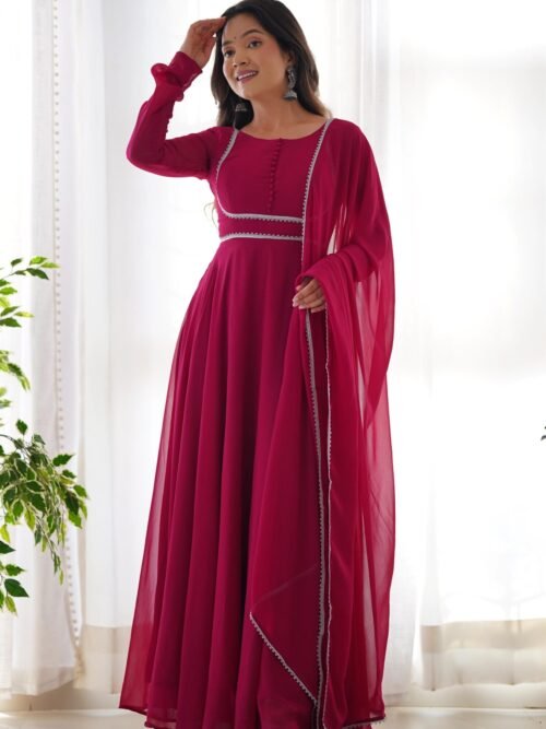 Upgrade Your Wardrobe with the Exquisite Wine Color Designer Yoke Neck Gown with Dupatta