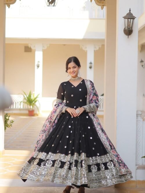 Black Heavy Embroidery Work Gown with Dupatta