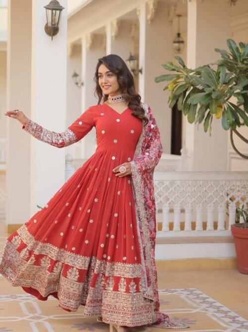 KA-1078RED_1.jpg Orange Heavy Embroidery Work Gown with Dupatta
