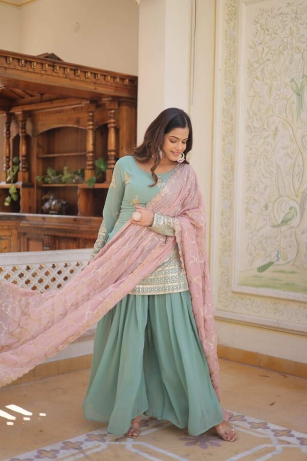 KA-1079GREEN_4.jpg Light Green Palazzo Suit with Dupatta