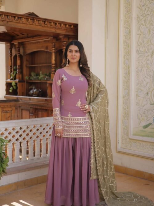 KA-1079PINK_1.jpg Onion Color Palazzo Suit with Embroidery Work