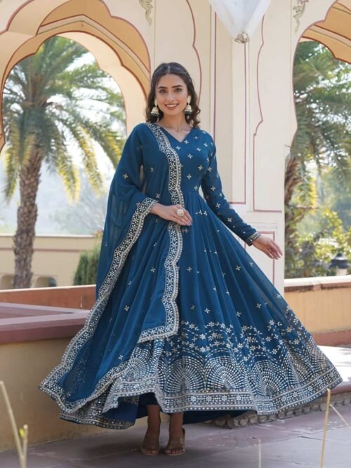 Blue Wedding Wear Heavy Sequence Work Gown with Dupatta