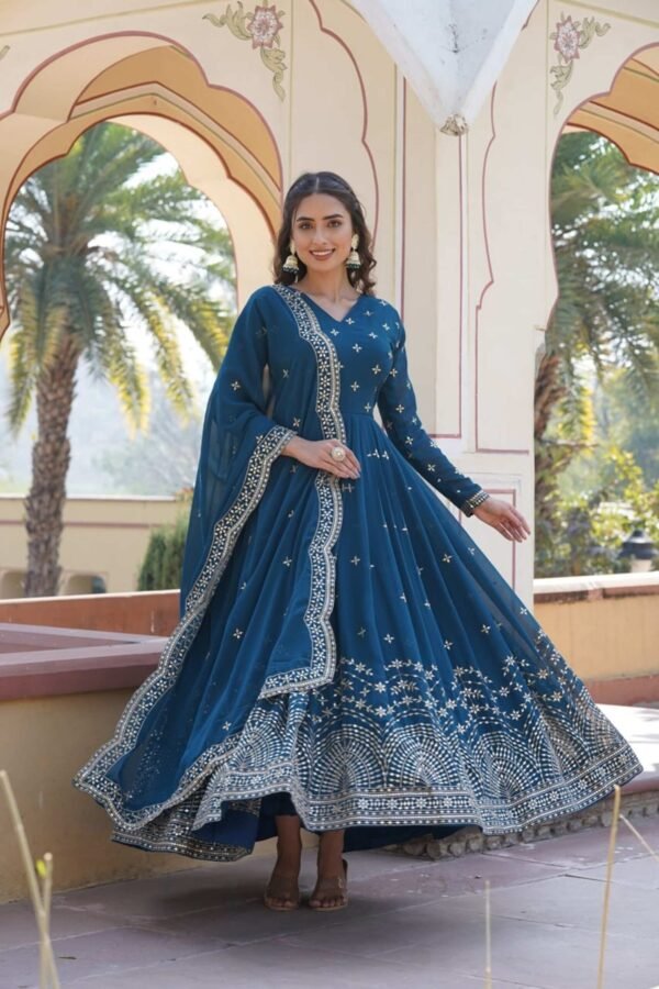 Blue Wedding Wear Heavy Sequence Work Gown with Dupatta