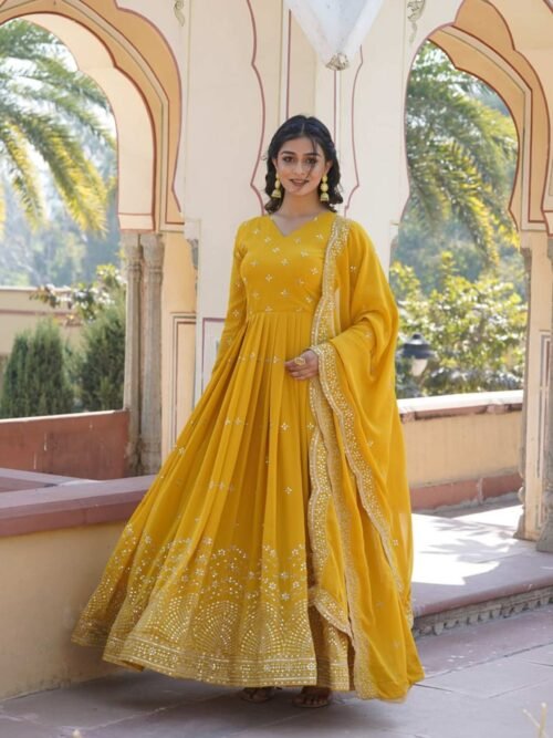 Yellow Wedding Wear Heavy Sequence Work Gown with Dupatta