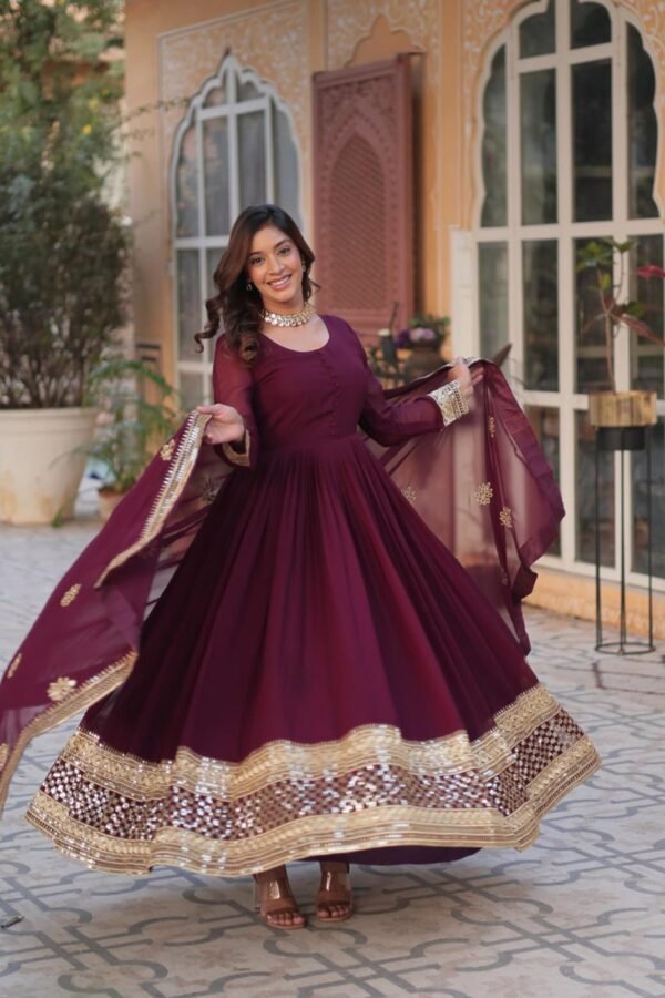 Sophisticated Maroon Zari Sequins Embroidered Gown