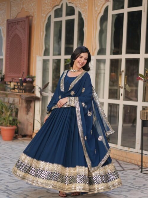 Royal Blue Faux Blooming Gown with Zari Sequins Embroidery