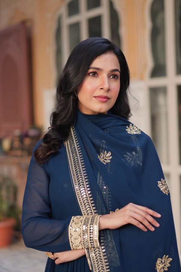 KA-1135_ROYAL_BLUE_3.jpg Royal Blue Faux Blooming Gown with Zari Sequins Embroidery