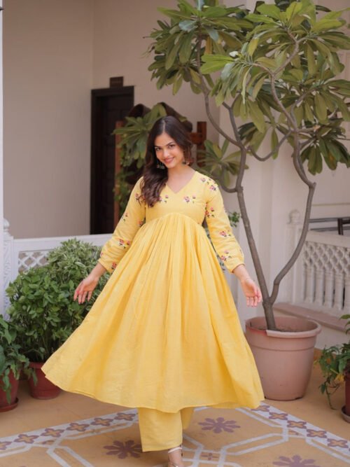 KA-1236_4.jpg Yellow Cotton Kurti Pant Set with Embroidered Work
