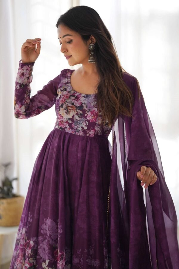 Trendy Wine Floral Printed Anarkali Suit Set with Dupatta - Modern & Chic