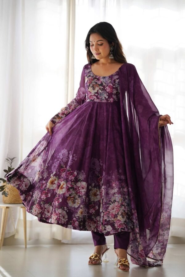 Trendy Wine Floral Printed Anarkali Suit Set with Dupatta - Modern & Chic