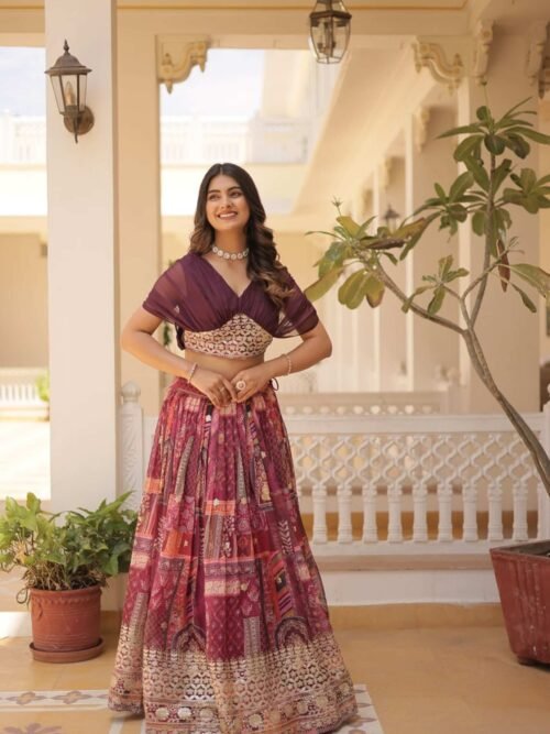 KA-5032WINE_1.jpg Luxurious Wine Russian Silk with Digital Print Lehenga with Designer Blouse