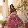 Luxurious Wine Russian Silk with Digital Print Lehenga with Designer Blouse