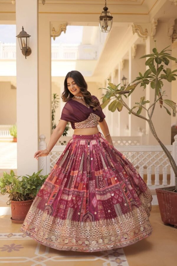 Luxurious Wine Russian Silk with Digital Print Lehenga with Designer Blouse