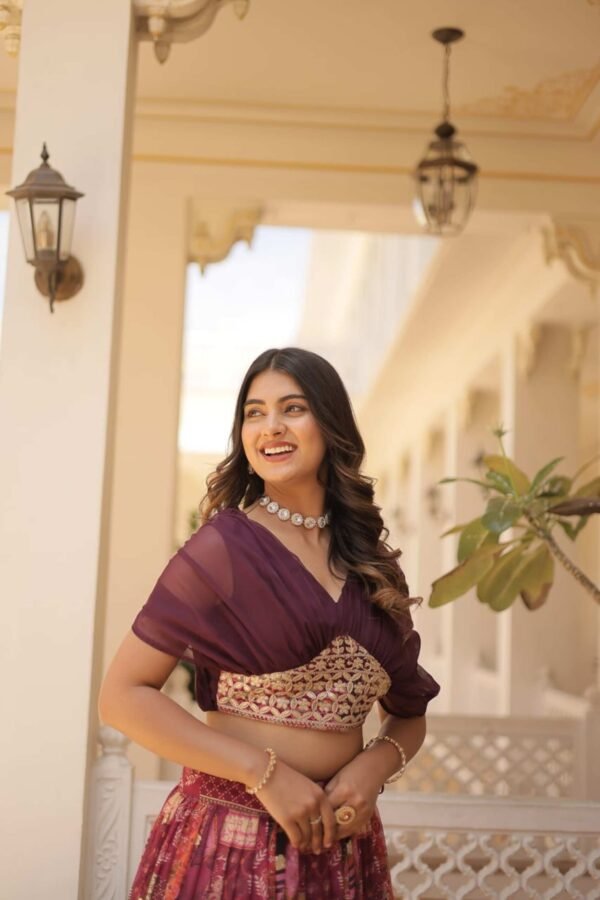 Luxurious Wine Russian Silk with Digital Print Lehenga with Designer Blouse