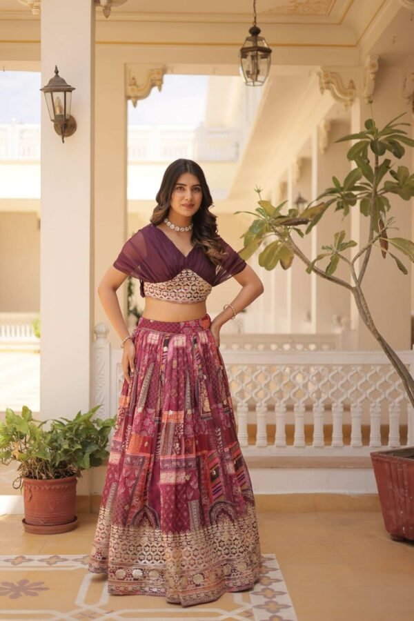Luxurious Wine Russian Silk with Digital Print Lehenga with Designer Blouse