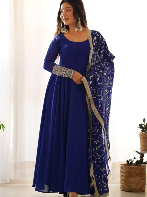 Dazzling Blue Georgette Gown Sophisticated Embroidered Detail