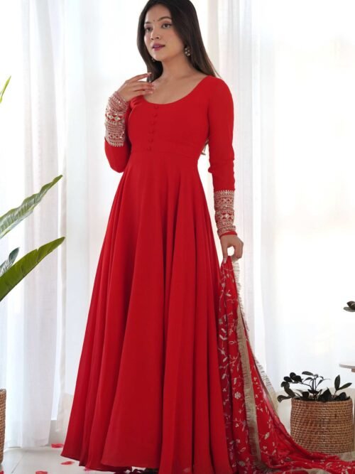 Gourgeous Red Color Georgette Gown Full Set with Embroidered Dupatta
