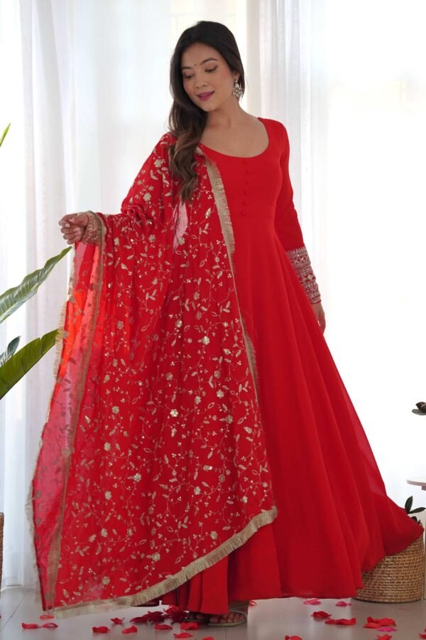 KB-241RED_4_565a1350-d560-42b0-8f6e-63216b950bbc.jpg Gourgeous Red Color Georgette Gown Full Set with Embroidered Dupatta
