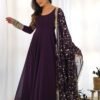 Elegant Wine Georgette Gown Set with Dupatta - Luxurious & Chic