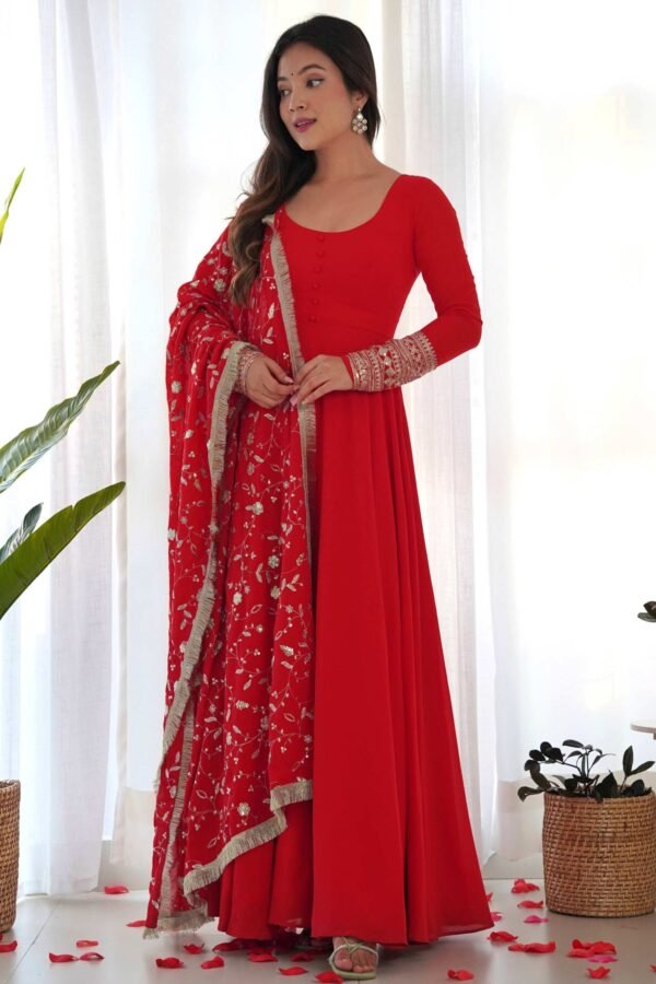 KB-241_RED_5.jpg Gourgeous Red Color Georgette Gown Full Set with Embroidered Dupatta