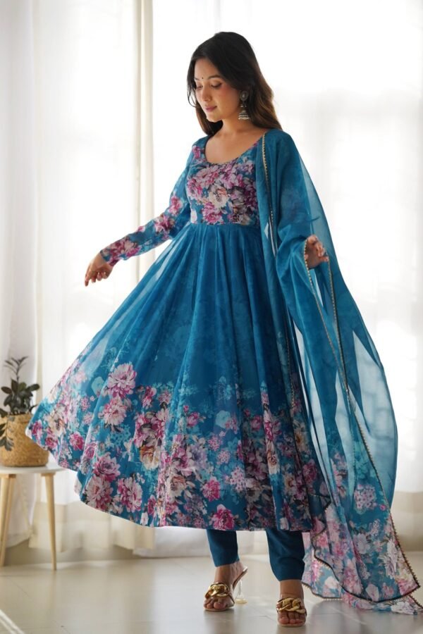 Luxurious Turkish Floral Printed Organza Anarkali Suit Set with Dupatta