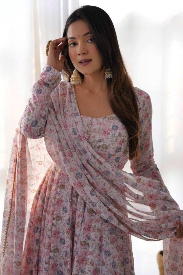 KB-262PINK_1.jpg Elegant Pink Chiffon Anarkali Suit with Orange Floral Print Dupatta