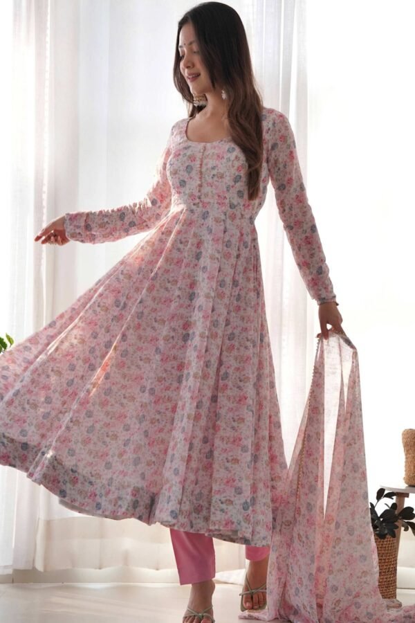 KB-262PINK_3.jpg Elegant Pink Chiffon Anarkali Suit with Orange Floral Print Dupatta