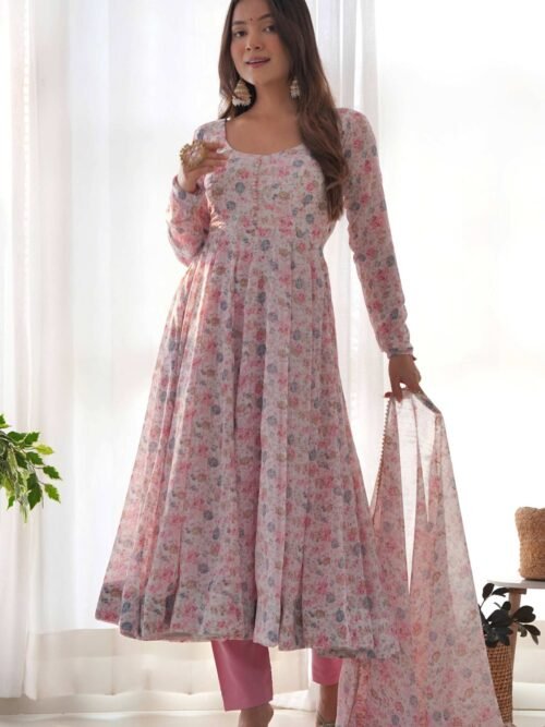 KB-262PINK_4.jpg Elegant Pink Chiffon Anarkali Suit with Orange Floral Print Dupatta