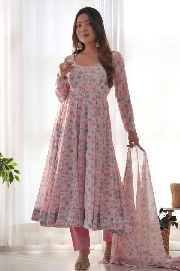 KB-262PINK_4.jpg Elegant Pink Chiffon Anarkali Suit with Orange Floral Print Dupatta