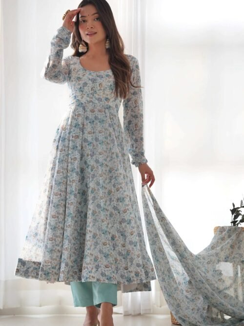 KB-262_2.jpg Exquisite Sky Blue Chiffon Anarkali Suit with Floral Print Dupatta
