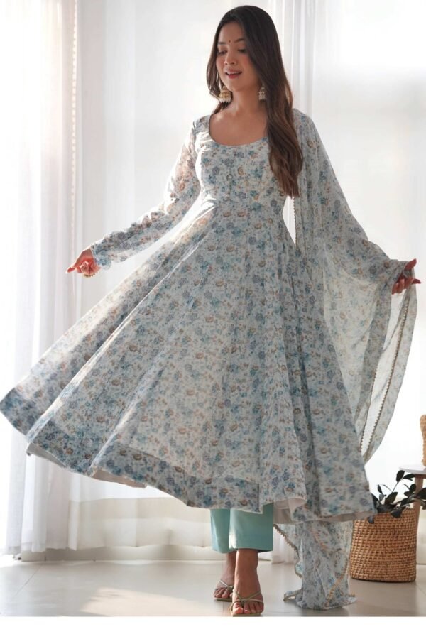 KB-262_3.jpg Exquisite Sky Blue Chiffon Anarkali Suit with Floral Print Dupatta