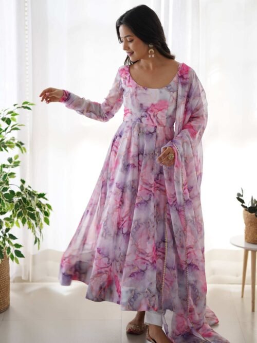 KB-263_4.jpg Exquisite Pink Organza Floral Print Anarkali Suit with Dupatta