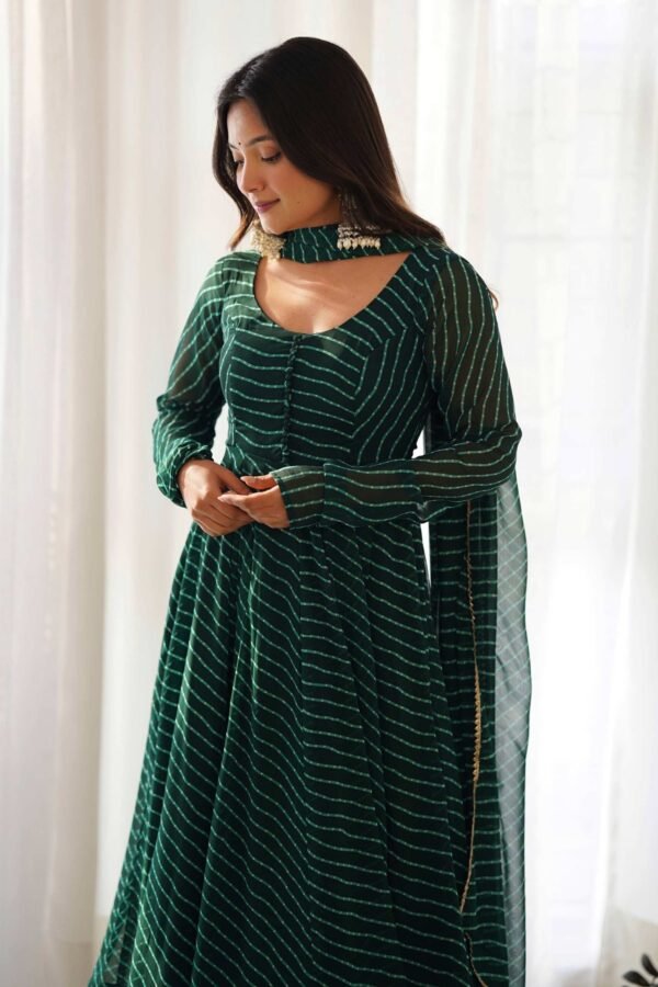 KB-264BOTTLEGREEN_1.jpg Exquisite Bottle Green Laheriya Print Georgette Anarkali Suit with Dupatta