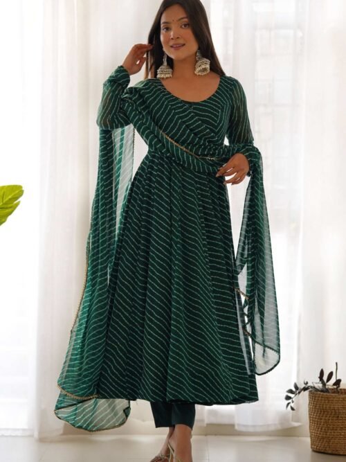 KB-264BOTTLEGREEN_2.jpg Exquisite Bottle Green Laheriya Print Georgette Anarkali Suit with Dupatta