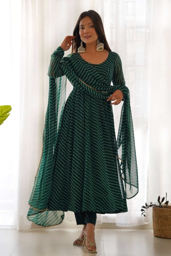 KB-264BOTTLEGREEN_2.jpg Exquisite Bottle Green Laheriya Print Georgette Anarkali Suit with Dupatta