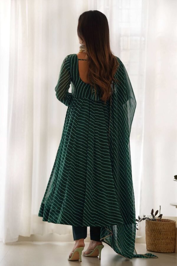 KB-264BOTTLEGREEN_3.jpg Exquisite Bottle Green Laheriya Print Georgette Anarkali Suit with Dupatta