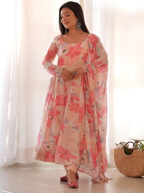 Peach Floral Georgette Anarkali Suit