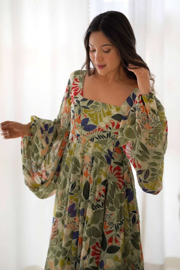 Elegant Floral Print Soft Fox Georgette Maxi Dress with Balloon Sleeves - Fully Flared