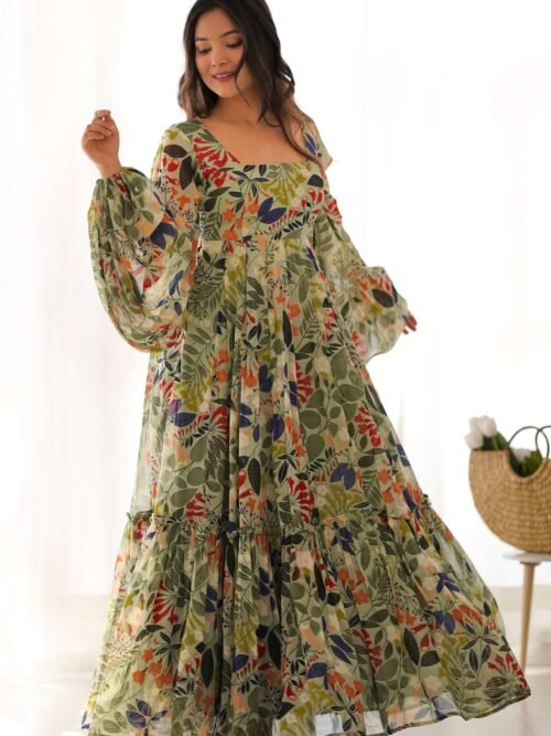 Elegant Floral Print Soft Fox Georgette Maxi Dress with Balloon Sleeves - Fully Flared