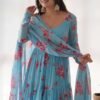 Sky Blue Floral 3-Layer Georgette Gown with Dupatta