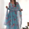 Sky Blue Floral 3-Layer Georgette Gown with Dupatta