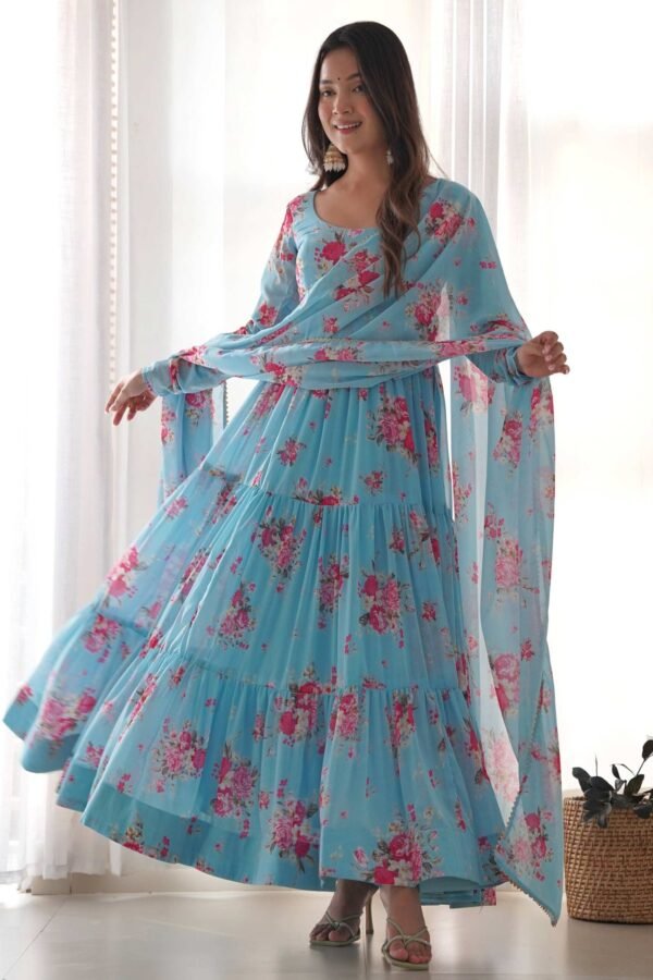 Sky Blue Floral 3-Layer Georgette Gown with Dupatta