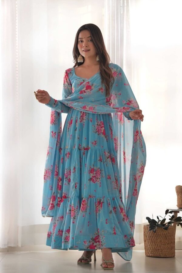 Sky Blue Floral 3-Layer Georgette Gown with Dupatta