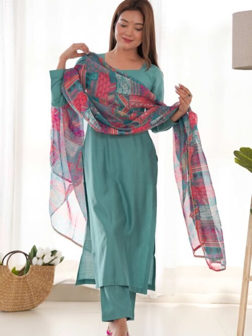 Sea Green Viscose Straight Kurta Set for Office Wear