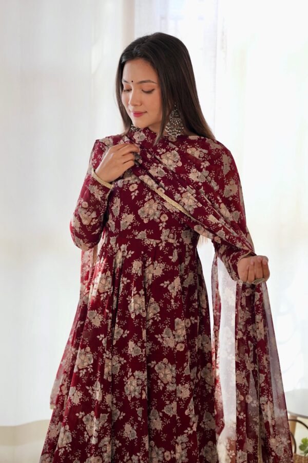 KB-271_DARKMAROON_1.jpg Elegant Multi Floral Print Fox Georgette Anarkali Suit Set